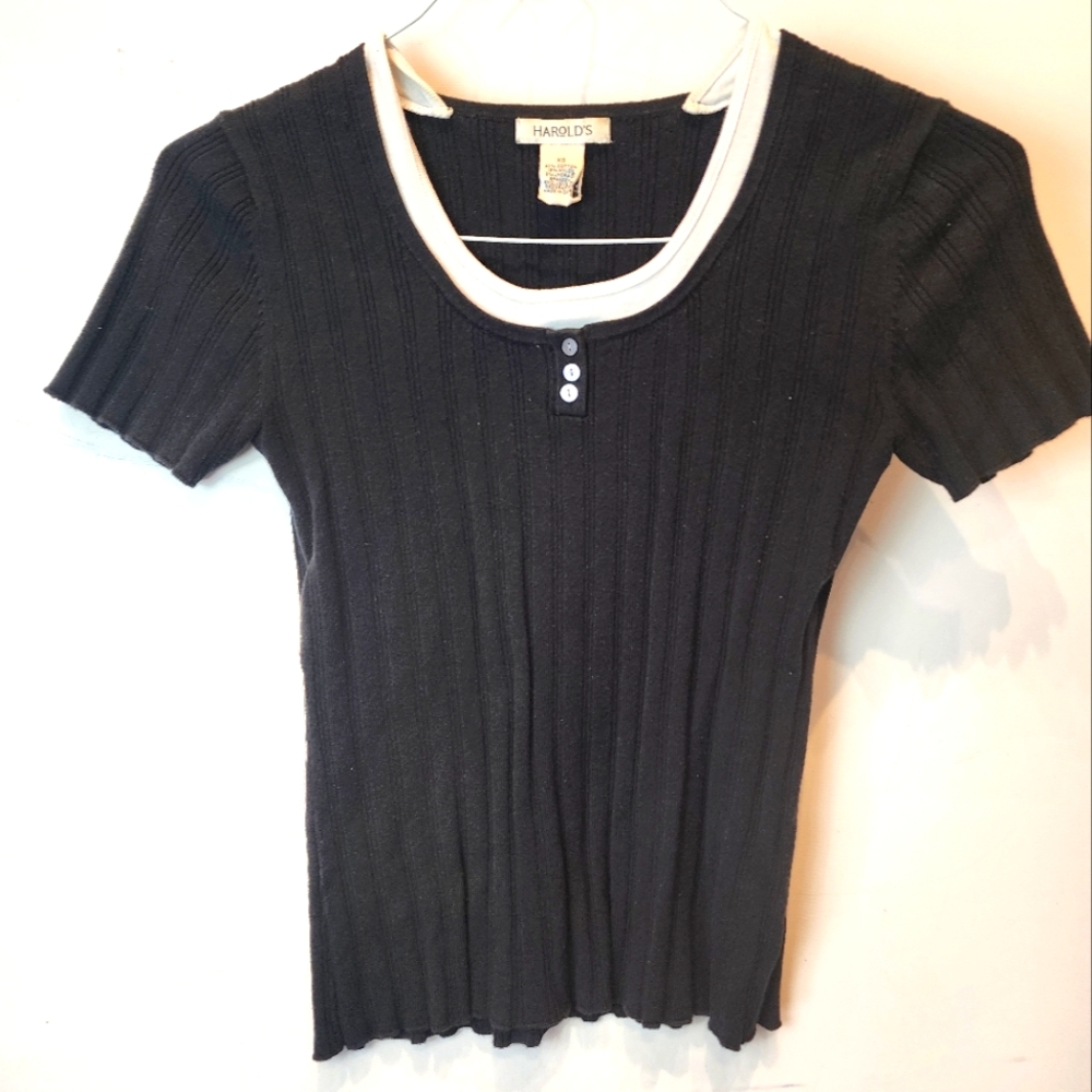 Harolds Top XS Vintage Baby Tee Short Sleeve Crew Neck 90s Aesthetic Black White